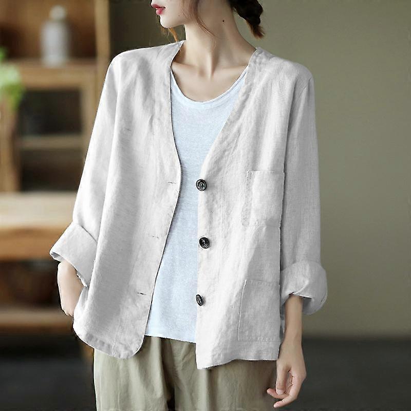 Women's Spring and Summer Thin Section Three Buttons Casual Long-sleeved Cotton Solid Color Cardigan Tops