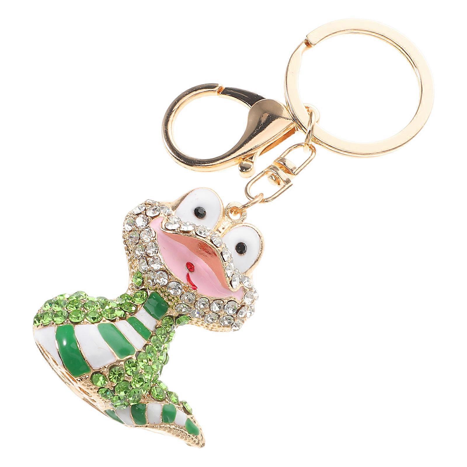 Cute Snake Keychain with Rhinestone Decoration for Handbag or Car Keys Zinc Alloy Green