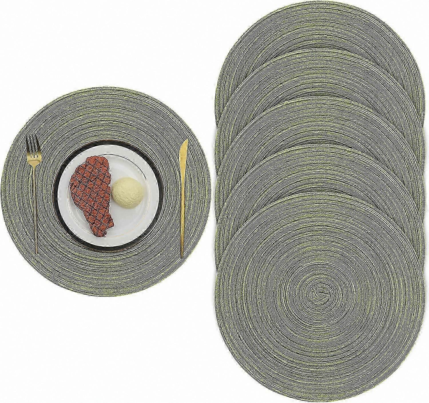 15 Inch Woven Round Placemats, Set of 6, Non-Slip, Green