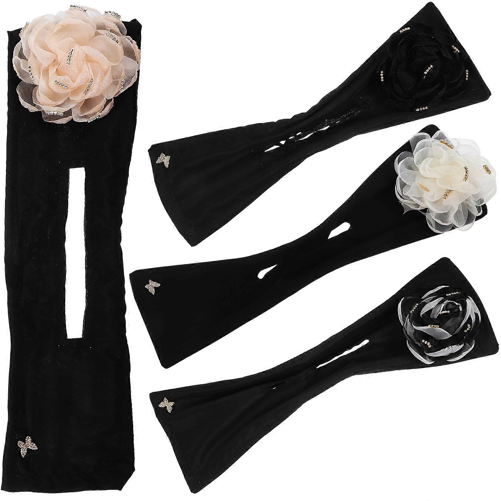 4pcs Lazy Hair Bun Maker with Flower Decoration, Elegant Styling Tool for Women, Includes Elastic Bands in Black, White, and Apricot