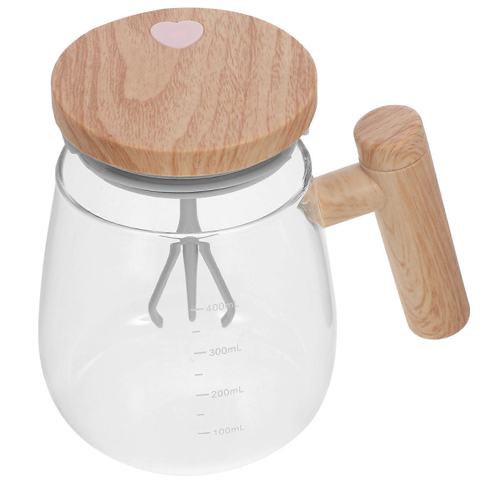 Self Stirring Coffee Mug with Handle and Cover for Home Use Made of Wood and Glass 7 oz