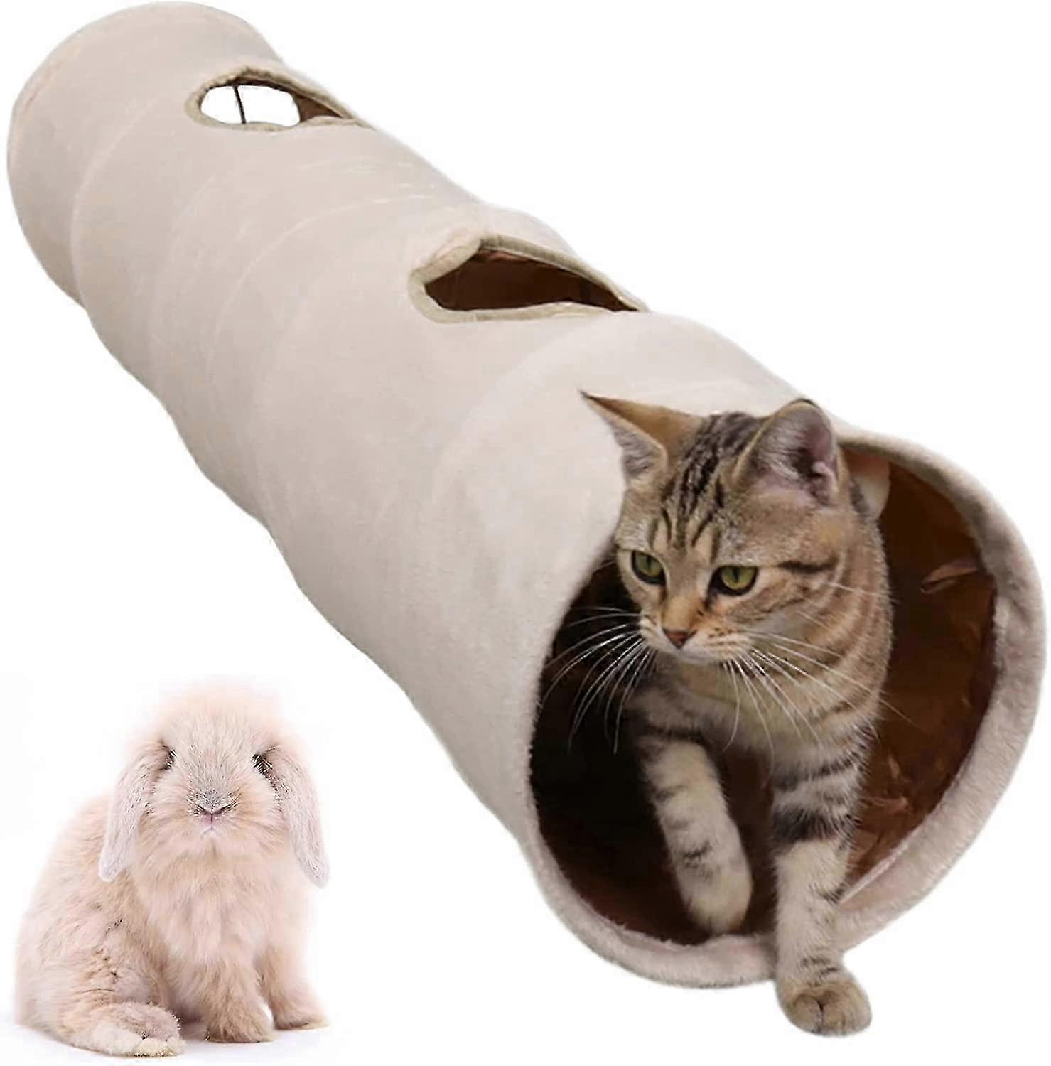 Foldable Cat Tunnel with 2 Holes and Ball for Cats Kittens Rabbits Guinea Pig 120*25CM Beige