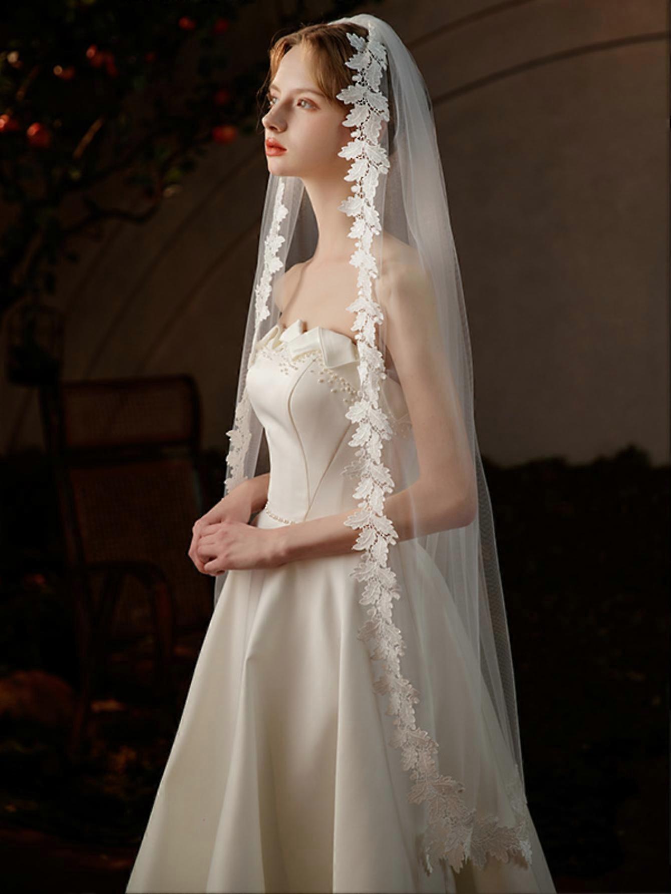 Medium length bridal veil with lace, white, single layer, simple design for wedding