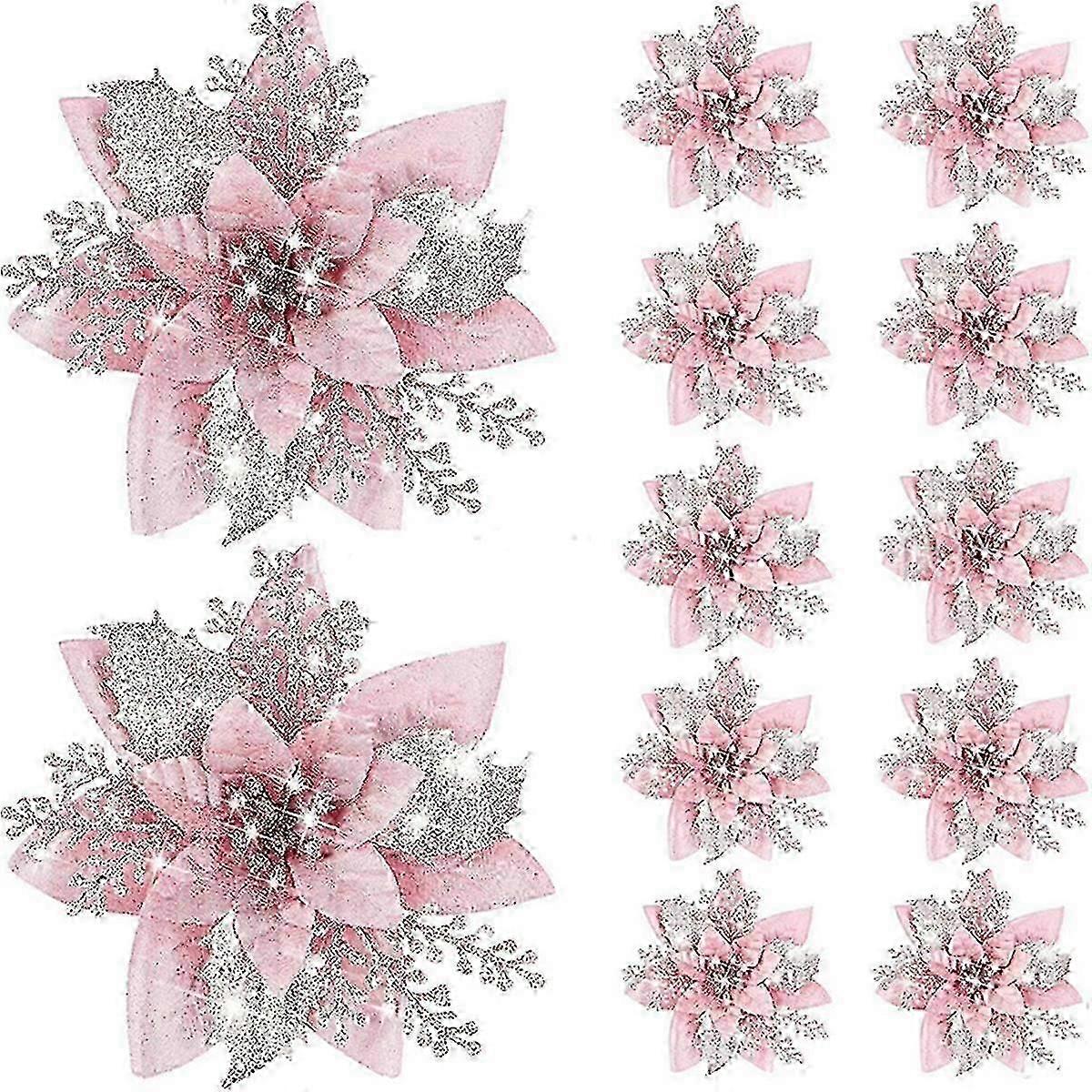 20PCS 14.5cm Glitter Artificial Christmas Flowers Merry Christmas Tree Decoration Happy New Year Or