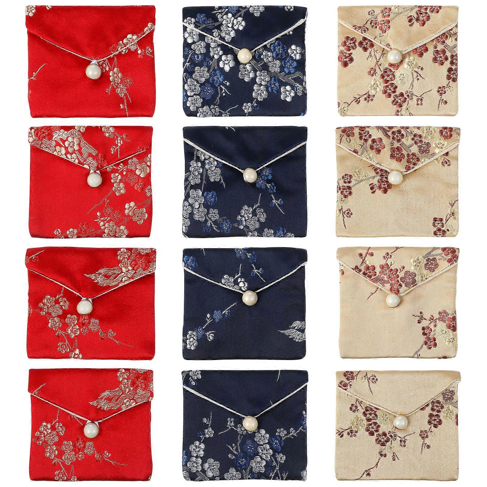 Brocade Pouch 12Set Simple Design Portable Necklace Wrapping Bag Ideal For Beads Wood Art Objects Assorted Color Holding Small Items