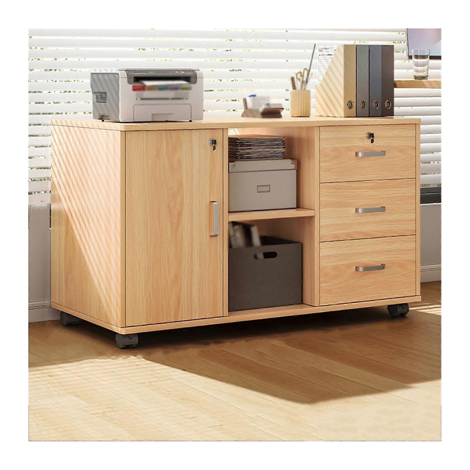 Beige Wooden File Cabinet Under Desk With 3 Drawers 1 Door Lockable Multi Compartment Home Office One Size