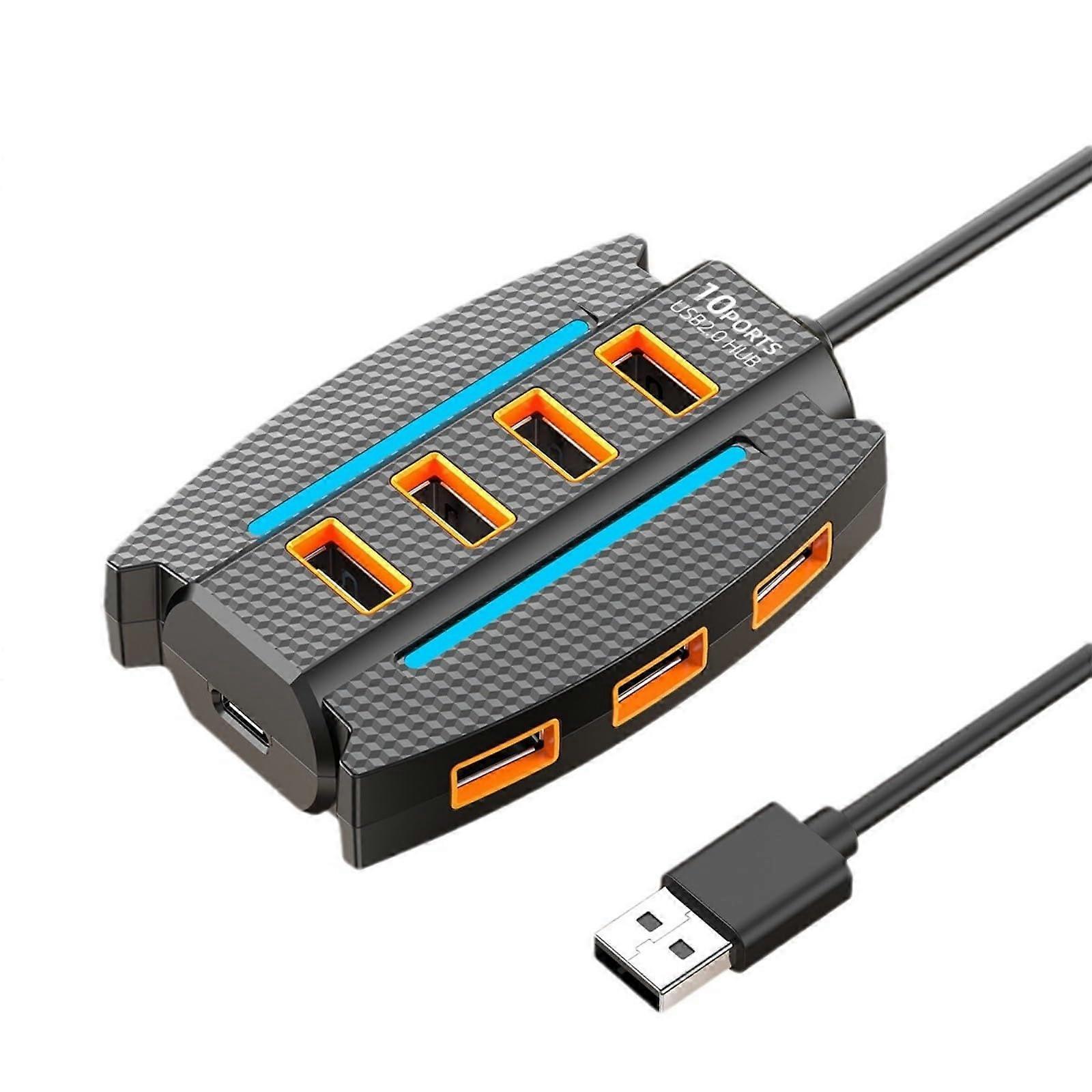 10 Port Expansion Dock Data Transfer Expander USB 2.0 Hub With Light 120cm Cable Black USB Docking Station Hub