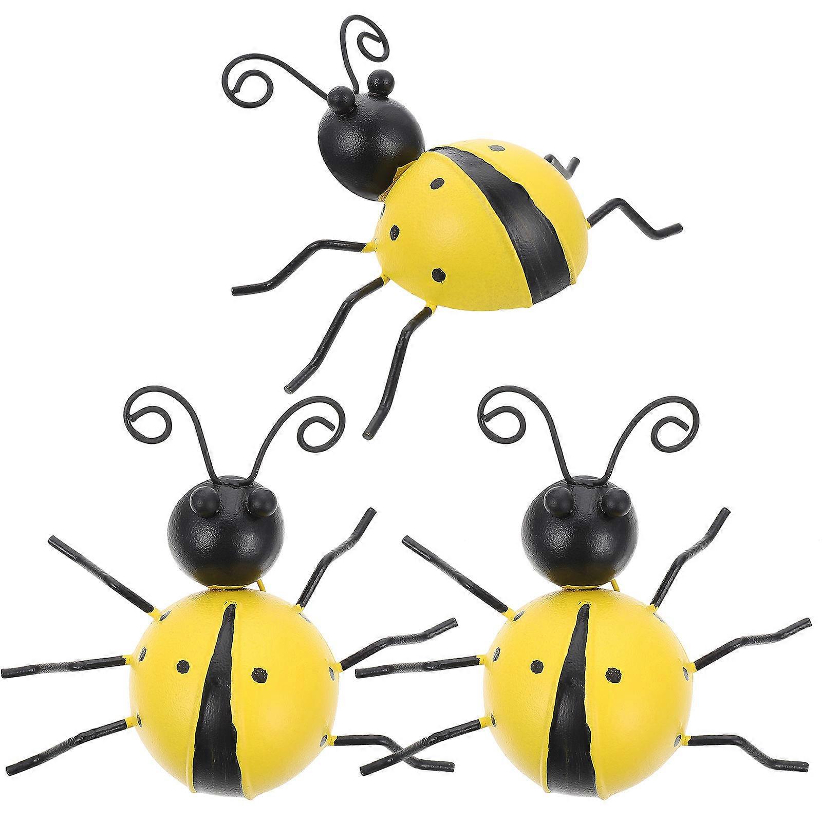 Yellow Garden Ladybug Iron Ornaments 3Pcs Simulation Decoration Set