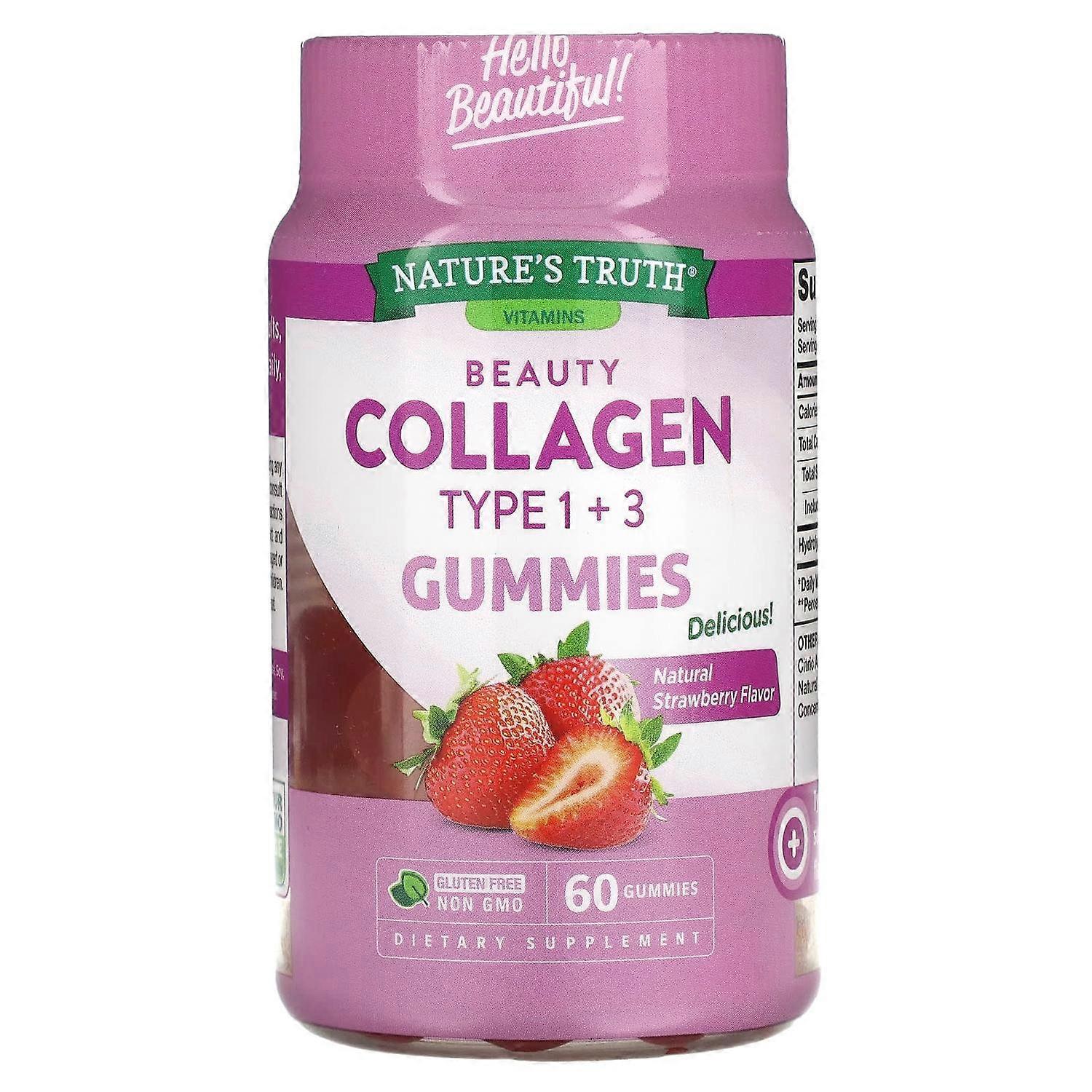 Natures Truth Beauty Collagen Gummies Types 1 + 3 Natural Strawberry 60 Gummies