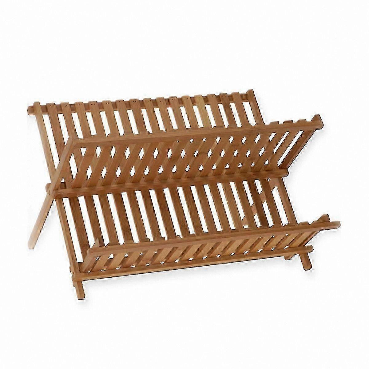 Bamboo Folding Dish Rack with Utensil Drainer in Wood Tone