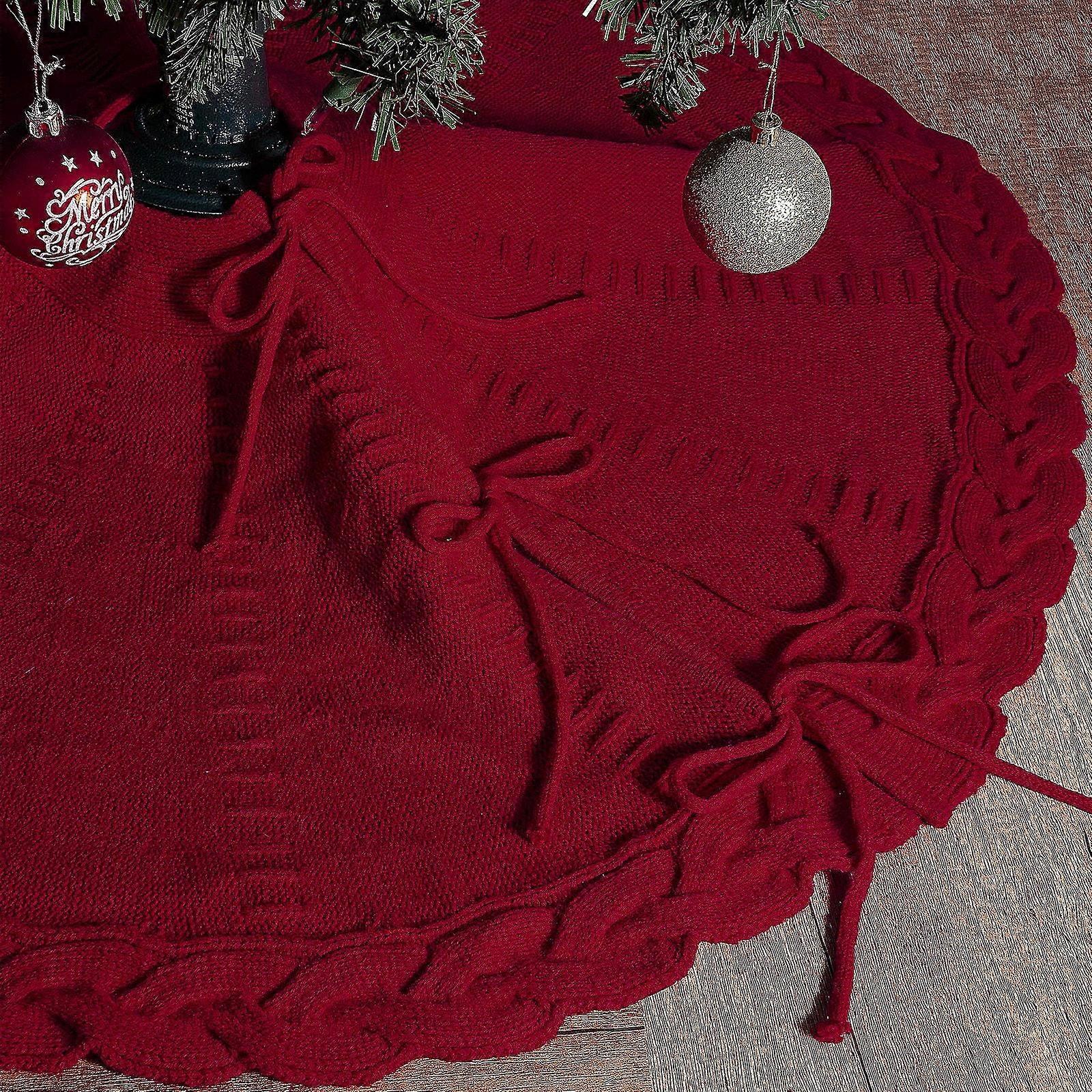 Christmas Tree Skirt, Red Knitted Tree Collar Base, Christmas Tree Stand Cover Decor Compatible with Holiday Tree