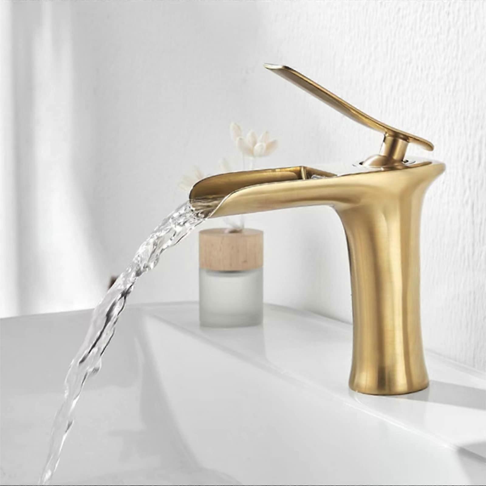 Waterfall Taps Brushed Gold Finish Basin Taps, Hot And Cold Water, Waterfall Spout, Single Handle, Single Hole, Short