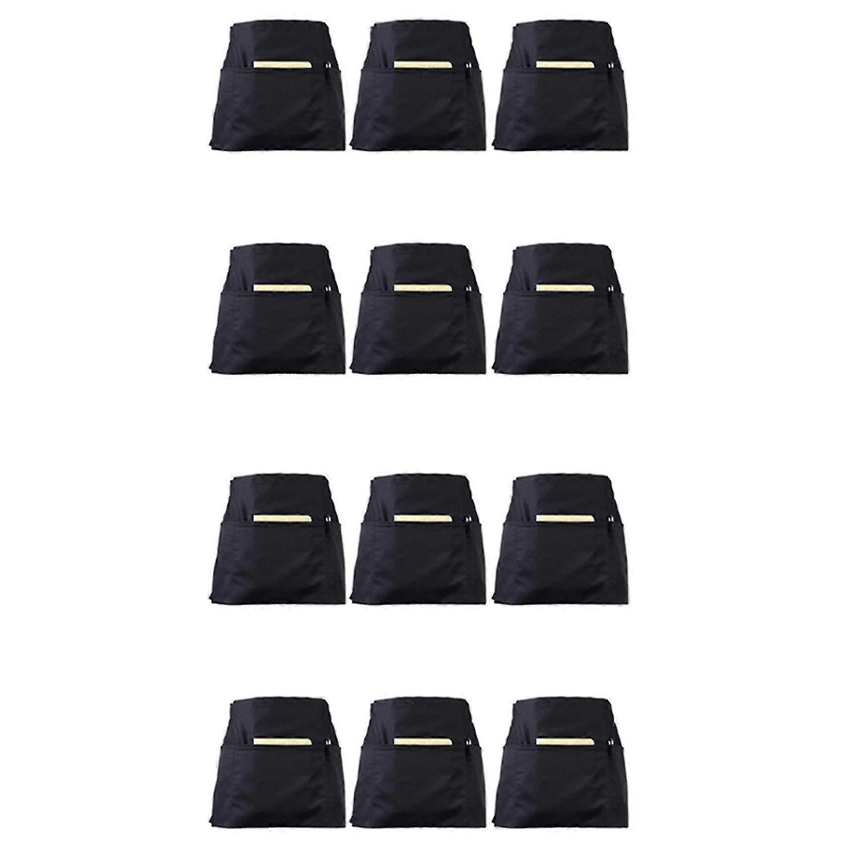 12 Pacotes Aventais de Cintura Preta com 3 Bolsos - Meio Avental para Garçom Garçonete 24 X 12 Polegadas Servidor Abr