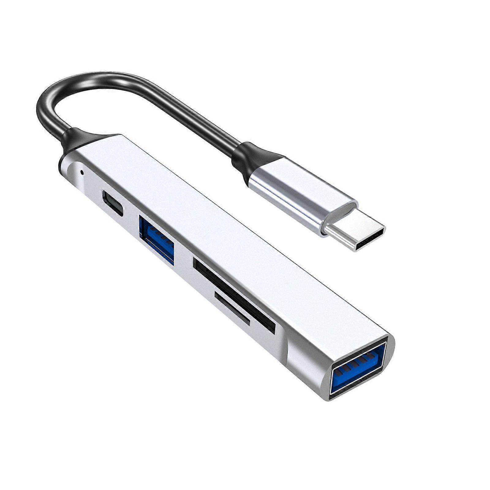 Aluminum Alloy USB Hub to 5 in 1 Type C Data + USB 2.0/3.0 Card Reader for Laptops and Desktops  Silver