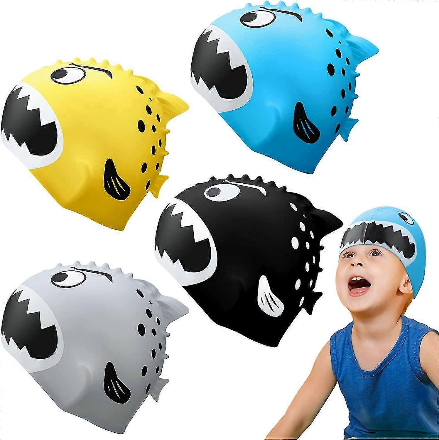 4ピースキッズスイムキャップシリコン楽しいスイミングハット年齢3-12幼児スイミングキャップ、漫画のサメと長い髪と短い髪のフィン付き