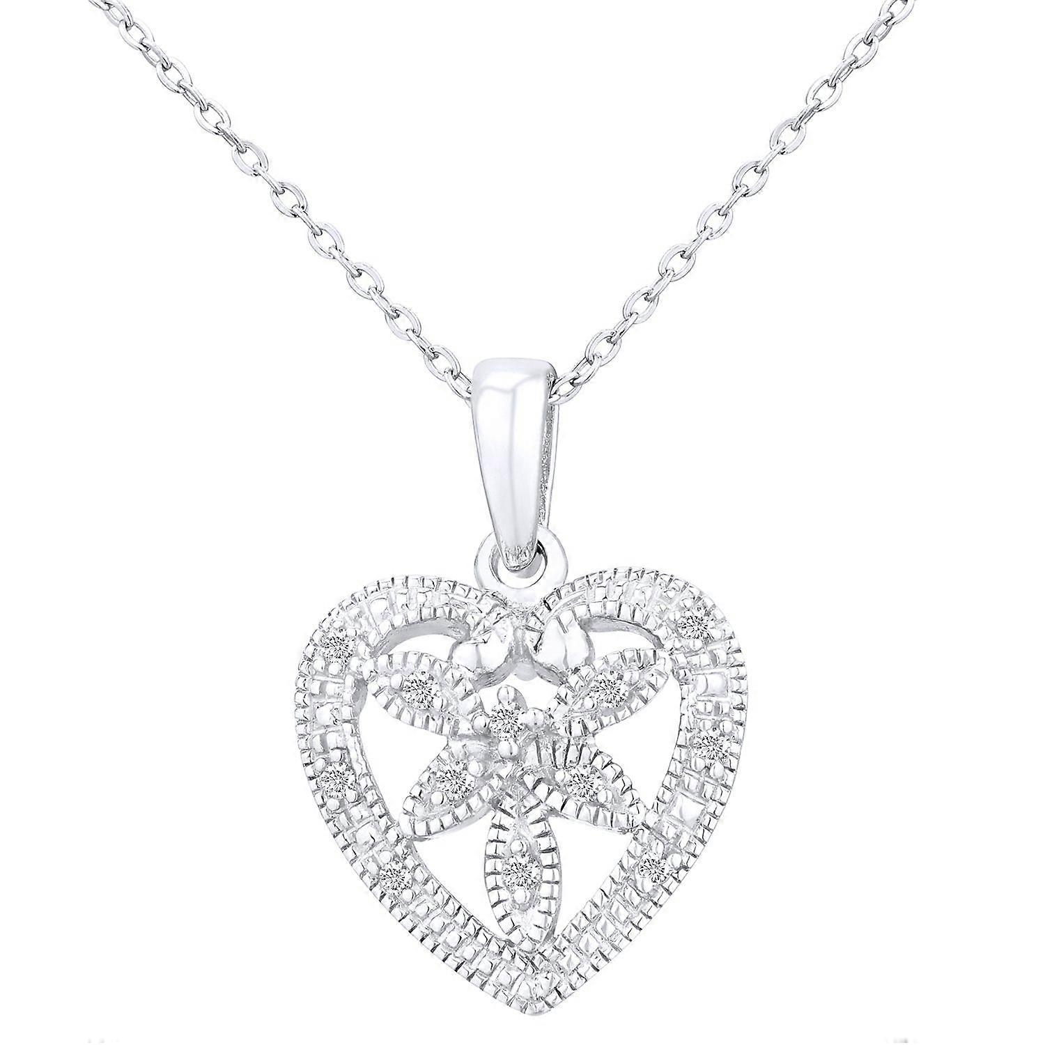 Jewelco London 9ct White Gold Round 5pts Diamond Heart Pendant Necklace 18 inch 46cm