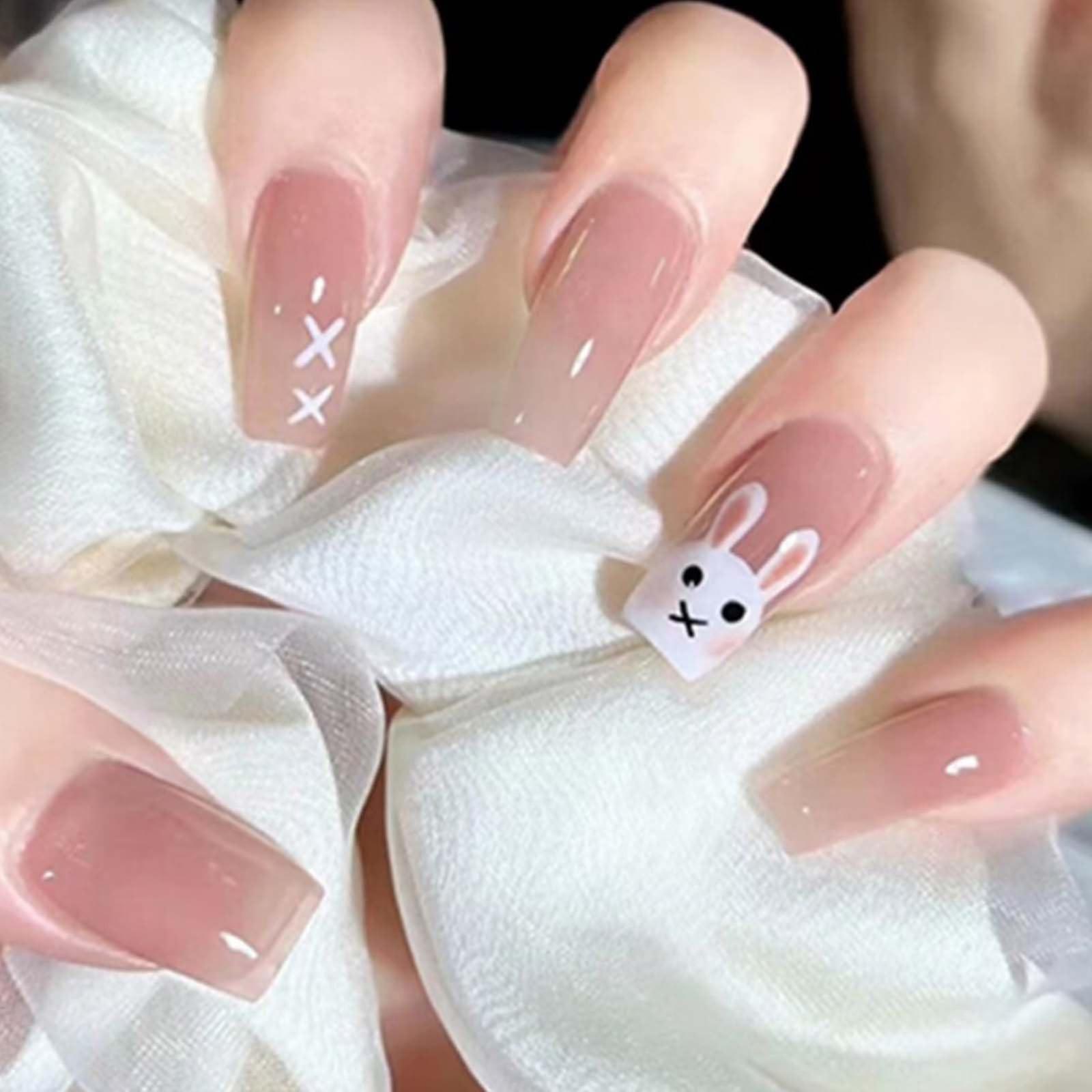 Long Coffin Press on Nails Set Pink Rabbit Pattern False Nails 24 Pcs with Adhesive Sheets