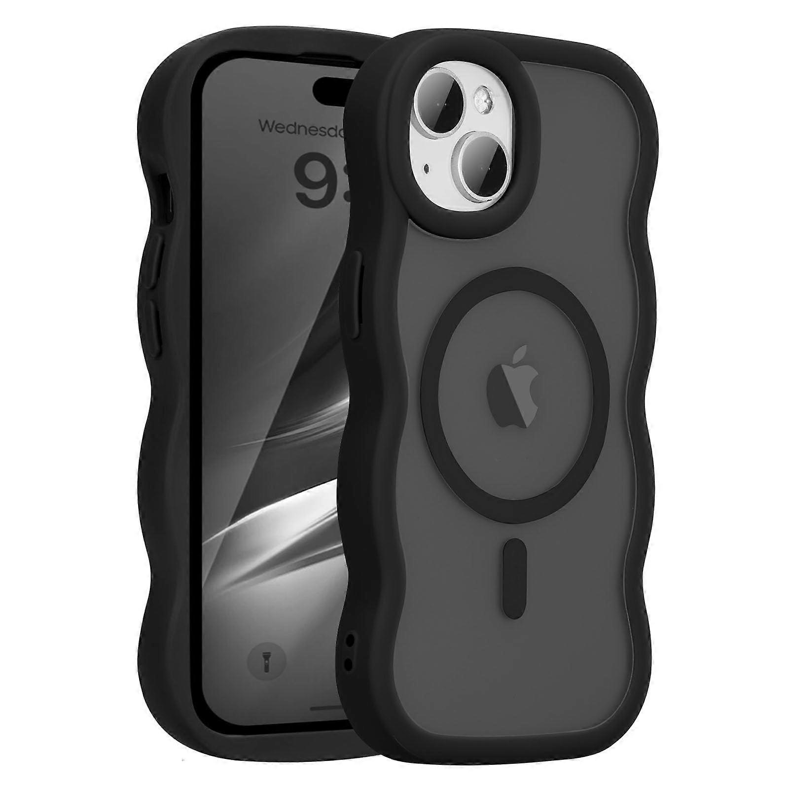 Case for MagSafe iPhone 15 Clear Matte Black Wave Frame Shockproof TPU with Screen and Camera Guard