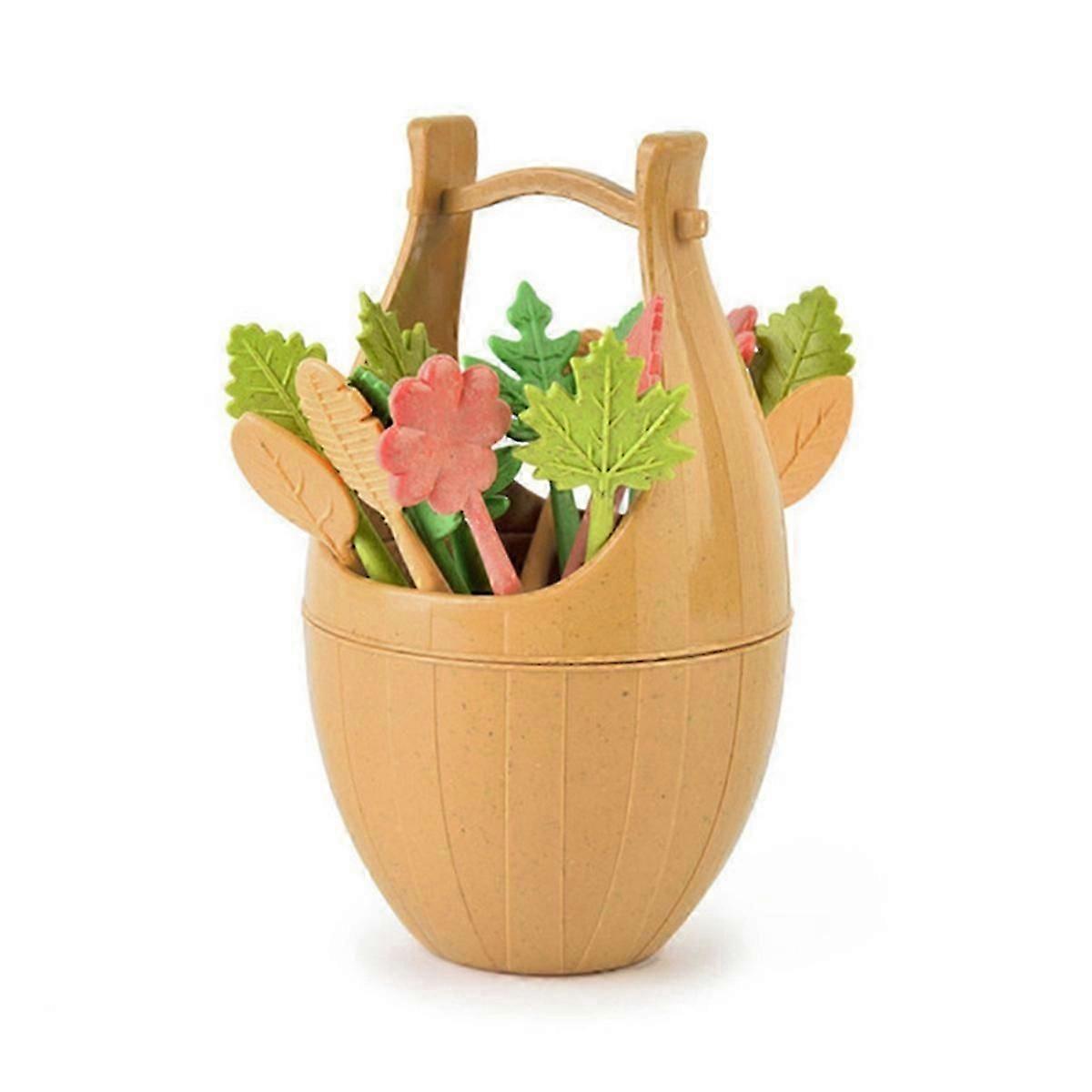 Wheat Straw Fruit Fork With Storage Bucket Mini Toothpick,Brown