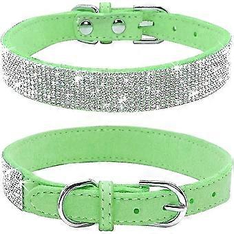Rhinestone Dog Collar, Cute Dazzling Sparkling Soft Suede Leather Dog Cat Rhinestone Collar Crystal Diamond Pet Dog Puppy Collar(green,xs)