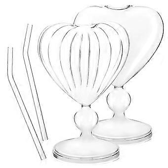 2 Pcs Cocktail Glasses Unique Wine Glasses Heart-shaped Romantic Juice Glasses Glassware with Straws