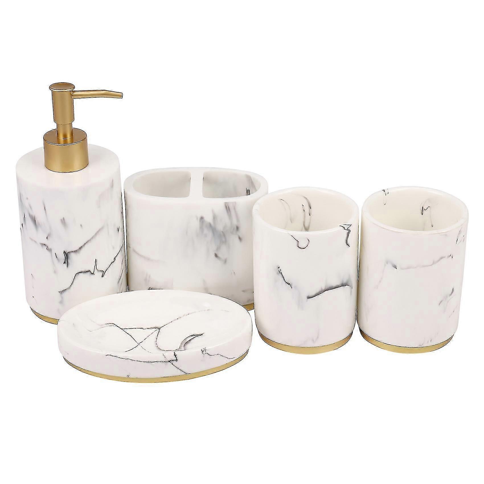 Bathroom Accessories Set 5 Pcs Bath Ensemble Patterned Soap Dispenser Pump Toothbrush Set