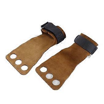Cowhide Weightlifting Palm Grips with Adjustable Wrist Straps and Three Finger Holes for Pull-Ups and Deadlifts