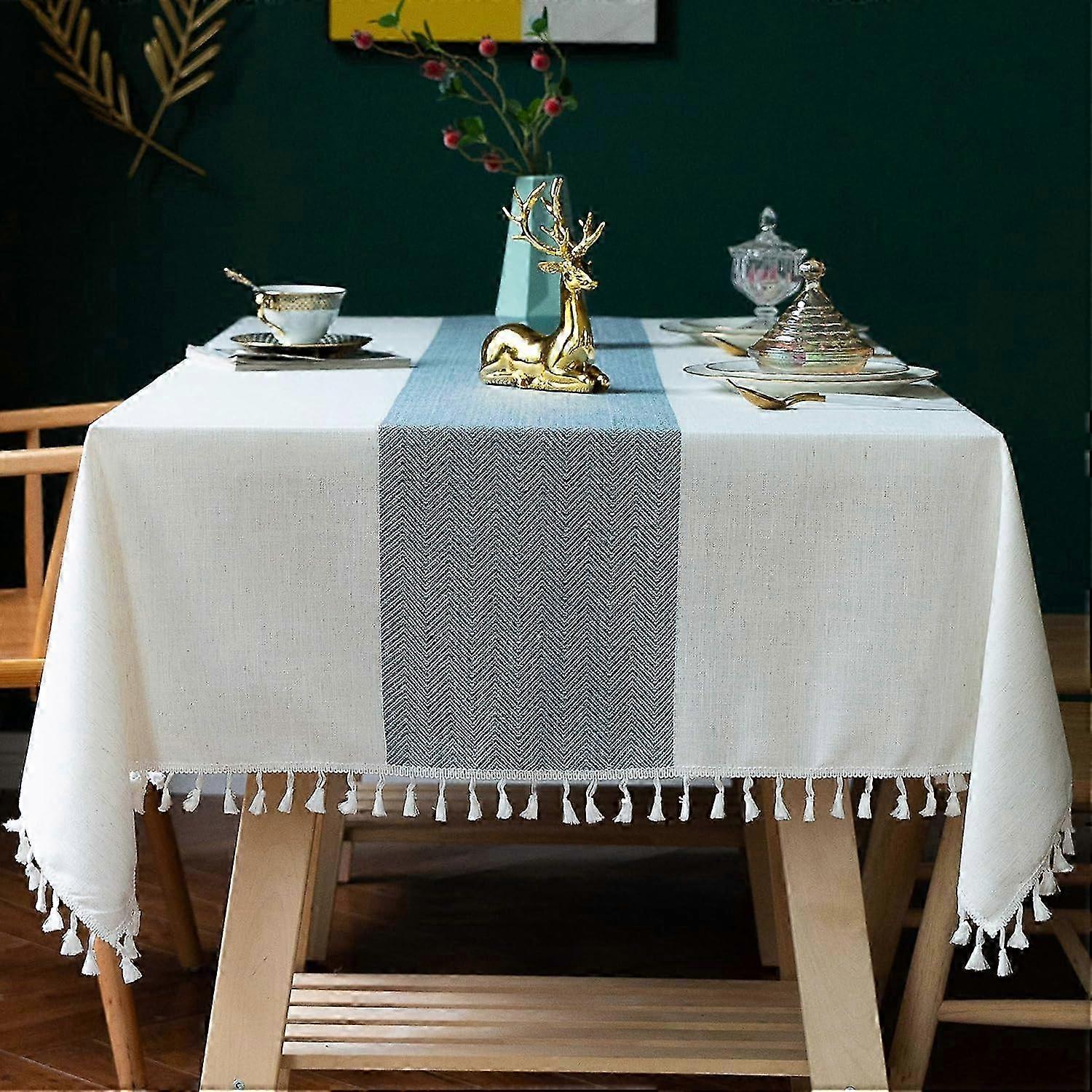 Cotton Linen Rectangular Table Cloth, Washable,55''x70''(Beige,blue Stripe)