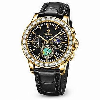 Binbond Men's Quartz Watch Black Leather Strap Full Gold Black Dial Gold Markers Fashion Waterproof Luminous Multifunction JY