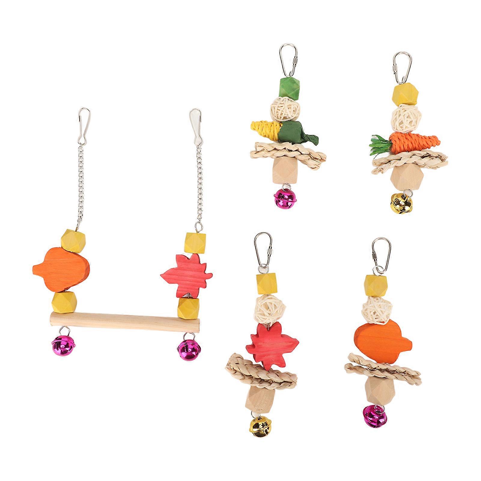 Parrot Swing Toy Set Hanging Parrot Wooden Swing and 4 Chewing Toy String with Small Bells for Parakeets Cockatiels