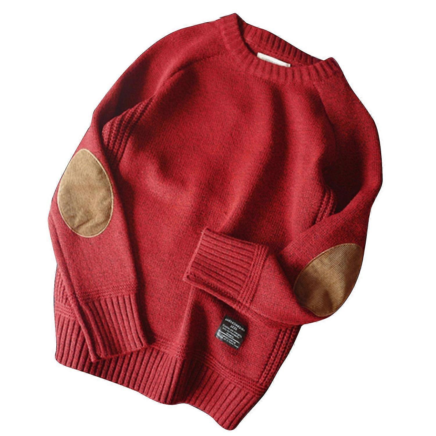 Männer Winter Dick Grobstrick Langarm Pullover Vintage Ellbogen Patch Kunstwolle Pullover Top Einfarbig Ca