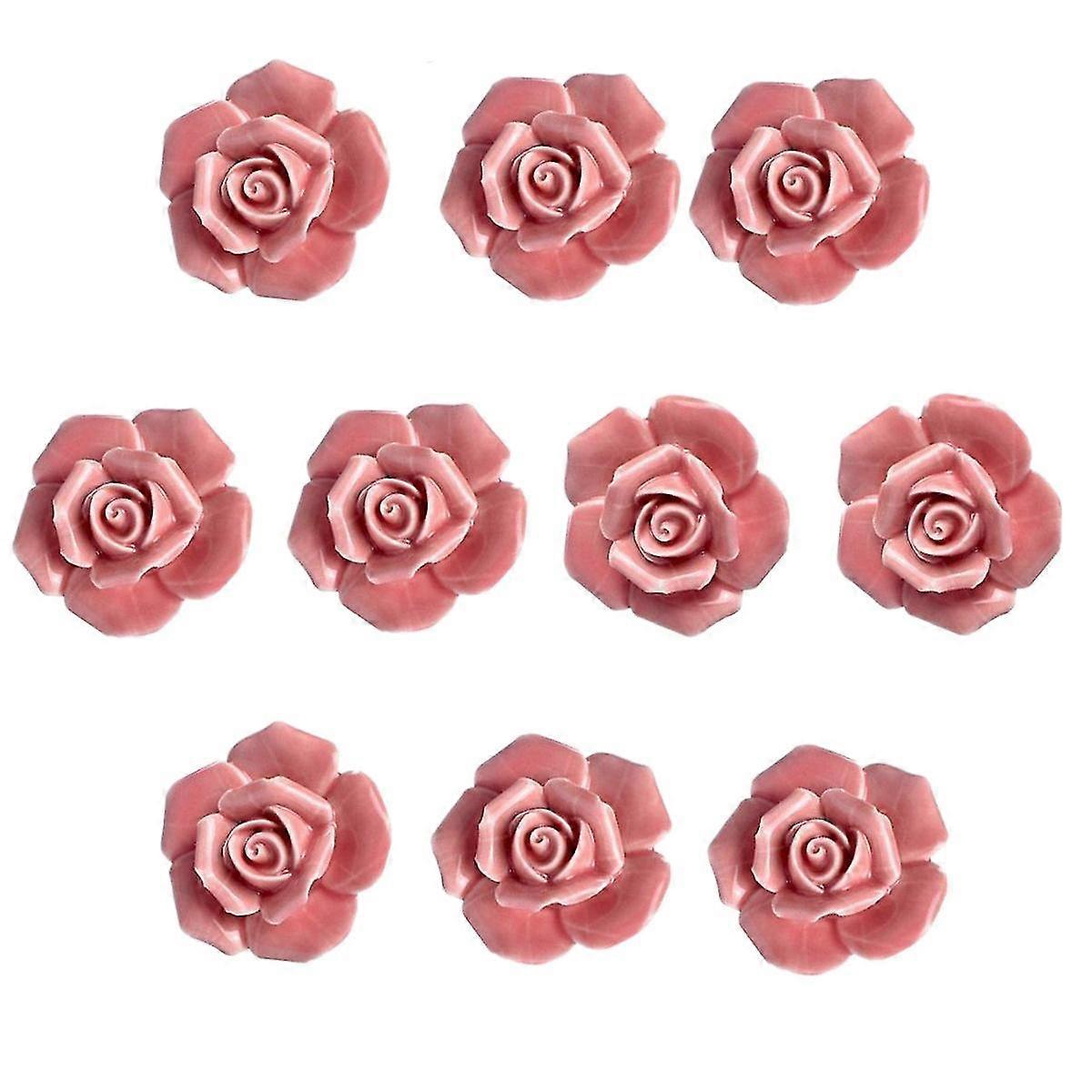 10 Pcs Ceramic Vintage Flower Door Knobs Handle Drawer Kitchen + Screws (pink)