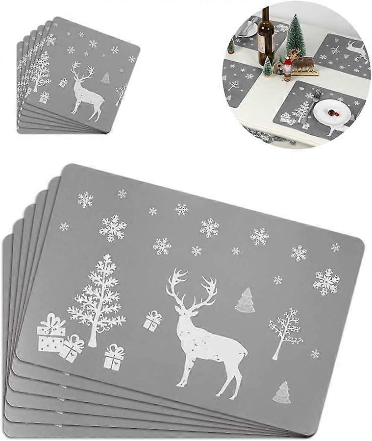 Christmas Placemats, 6PCS Christmas Table Mat and 6PCS Cup Mats with Christmas Elk Pattern for Christmas Dining Table Decorations (Grey)