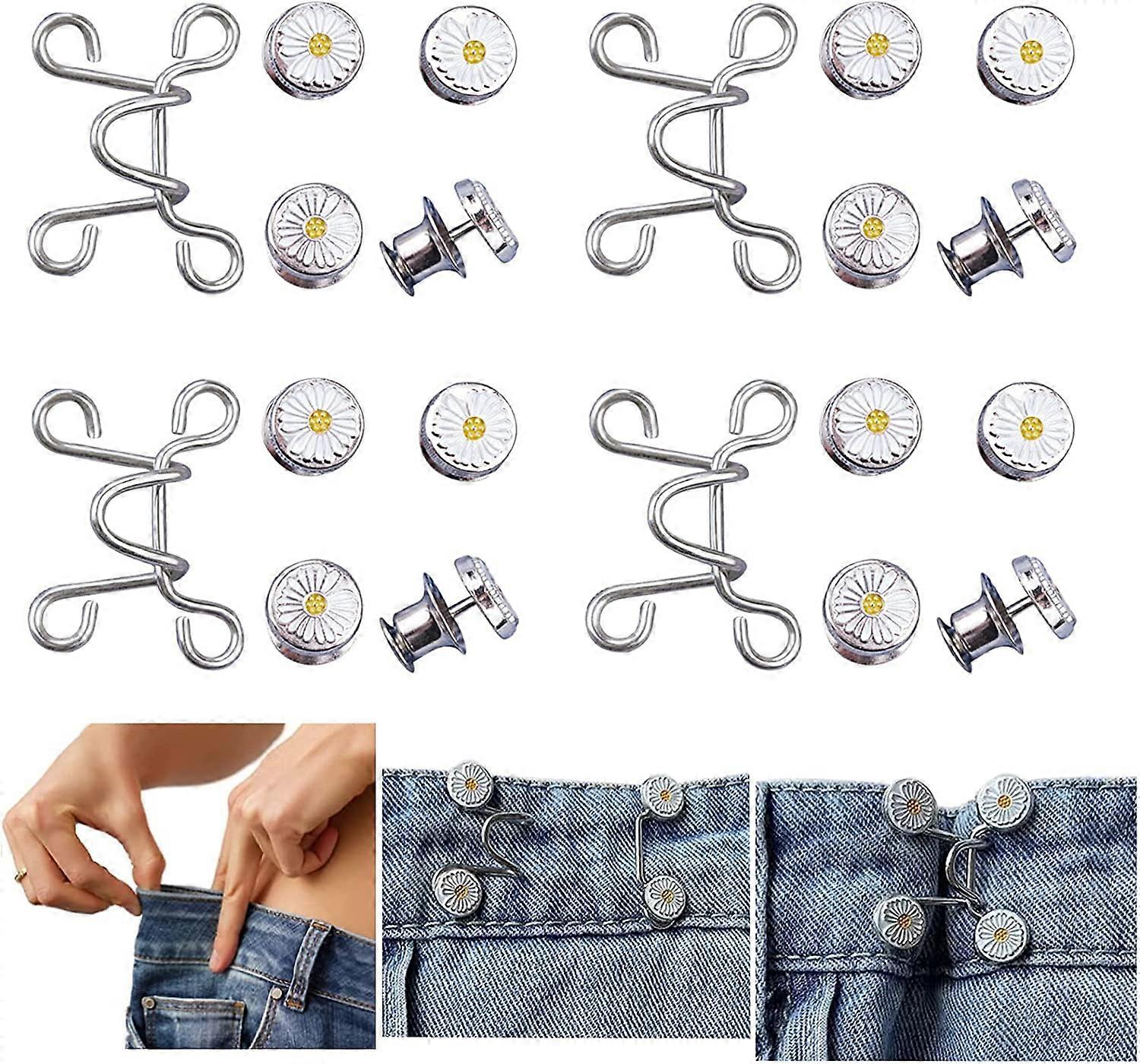 4 Set Pant Waist Tightener, Adjustable Waist Buckle Set Extra Button for Jeans to Make Tighter Button Adjuster for Pants Jeans Skirts Sleeves