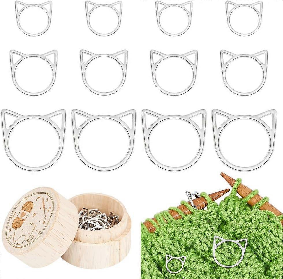 60Pcs Cat Shape Stitch Markers for Crocheting 3 Size Alloy Crochet Stitch Marker for Knitting with Wood Storage Box Knitting Mark Buckle Knitting Mark