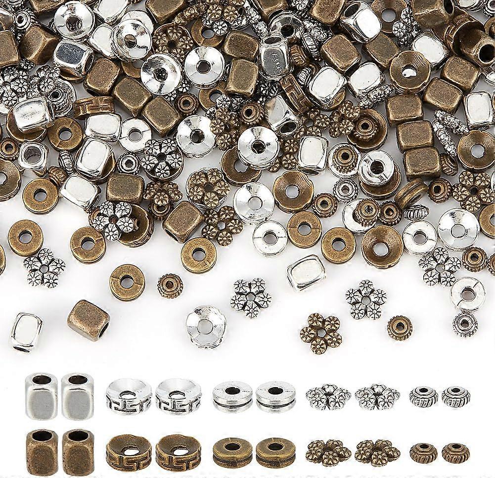 500Pcs 10 Styles Tibetan Style Alloy Spacer Beads Sets Flower & Rondelle & Cuboid Mixed Shapes Mixed Color 5~7.5x2~6.5mm Hole: 1~3mm 50pcs/style