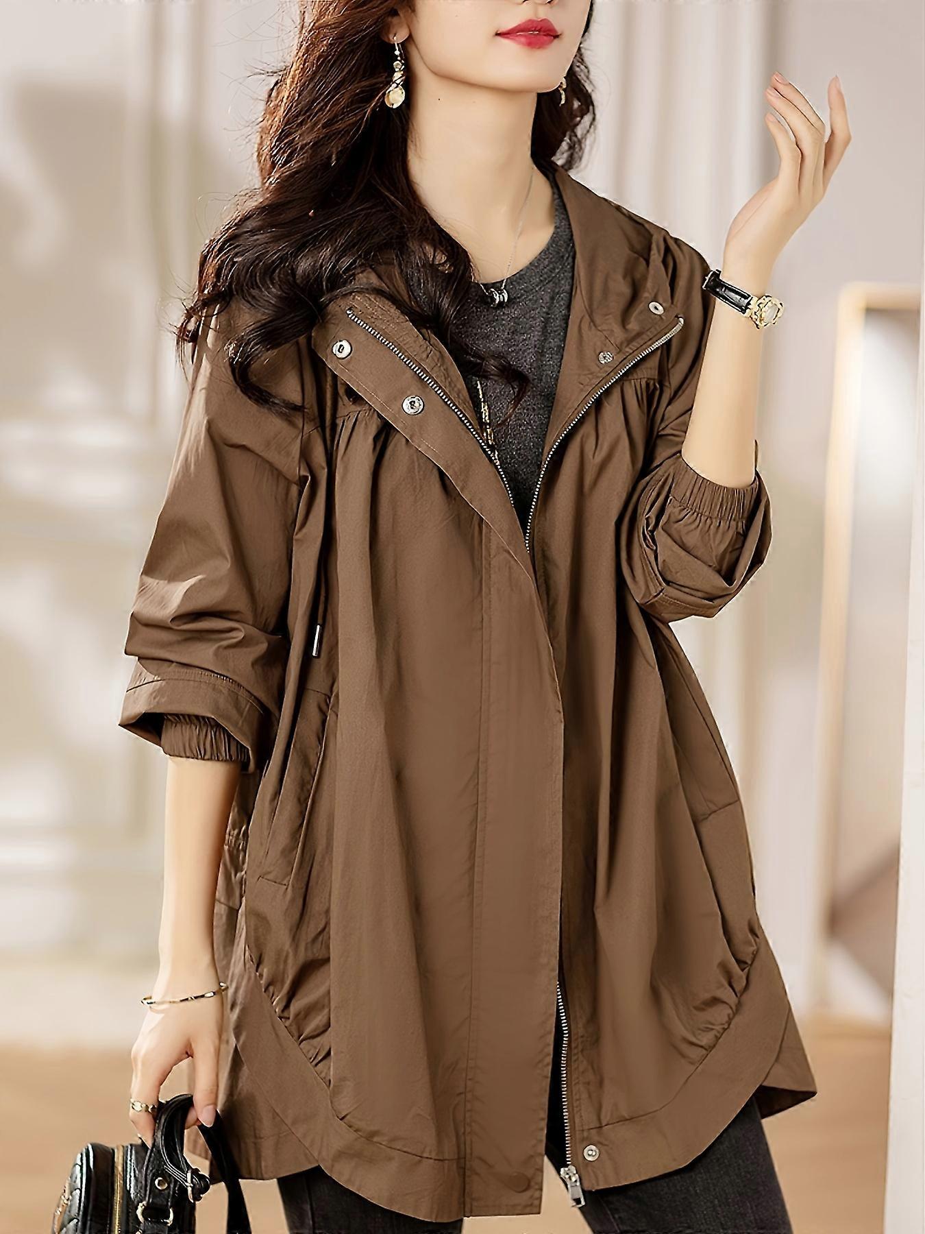 New style Plus Size Solid Hooded Trench Coat, Casual Zip Up Long Sleeve Coat, Women's Plus Size Clothing