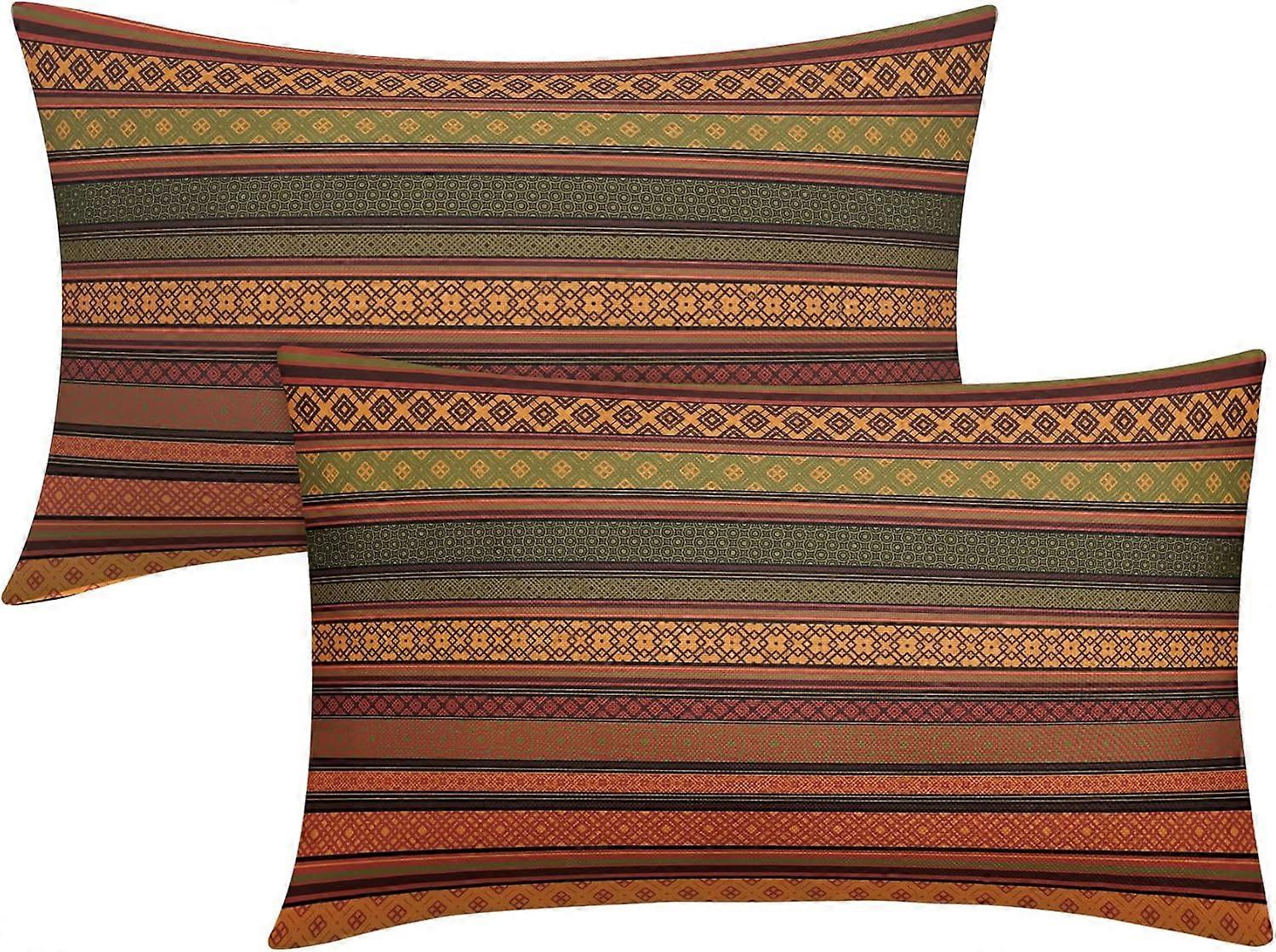 Marron vert rouge lombaire housses 12x20 pouces ensemble de 2 Bohème multicolore rayures décoratifs coussins rétro sud-ouest géométrique boho mexicain P