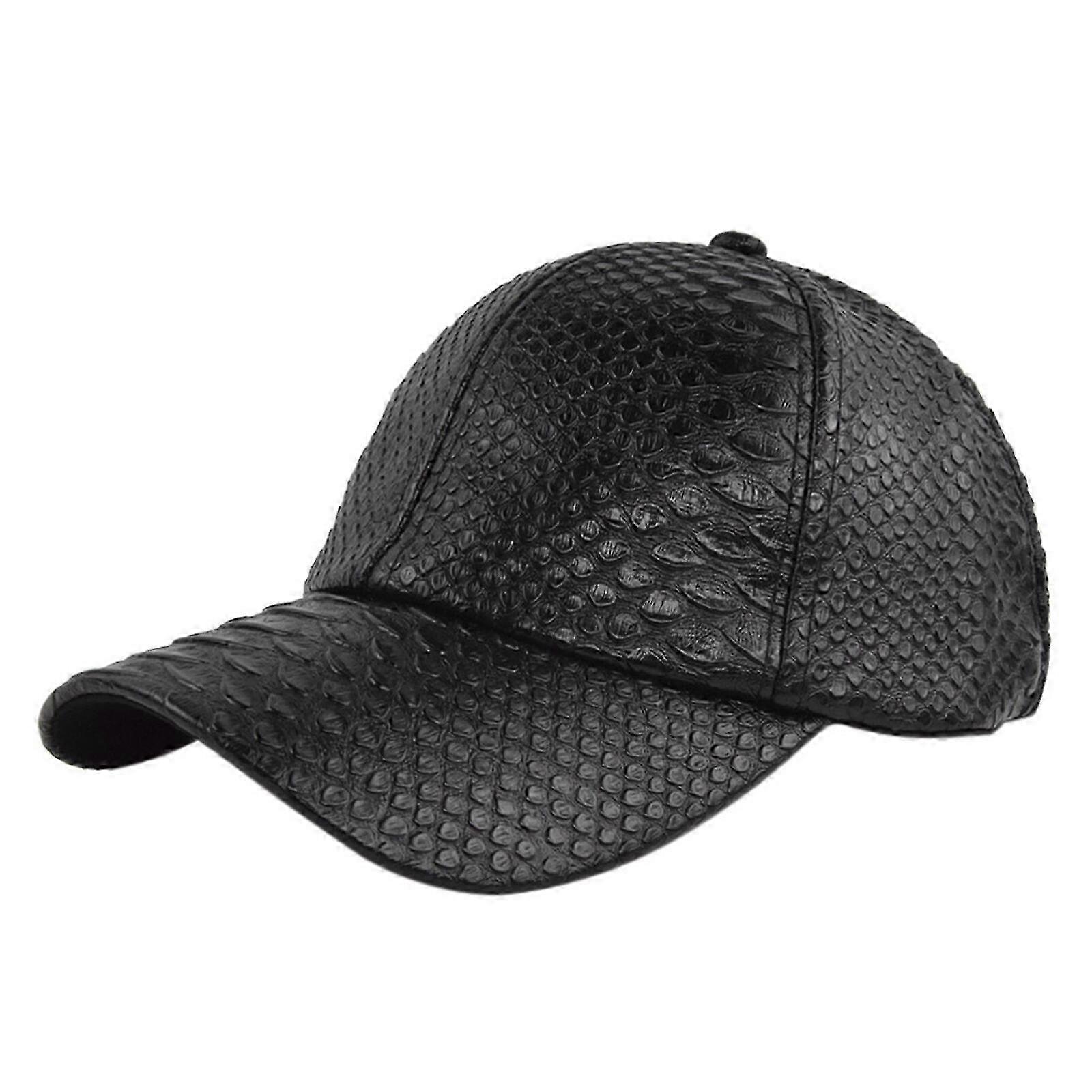 Mens Baseball Cap - Faux Leather Adjustable Strap Crocodile Print Solid Color Hat