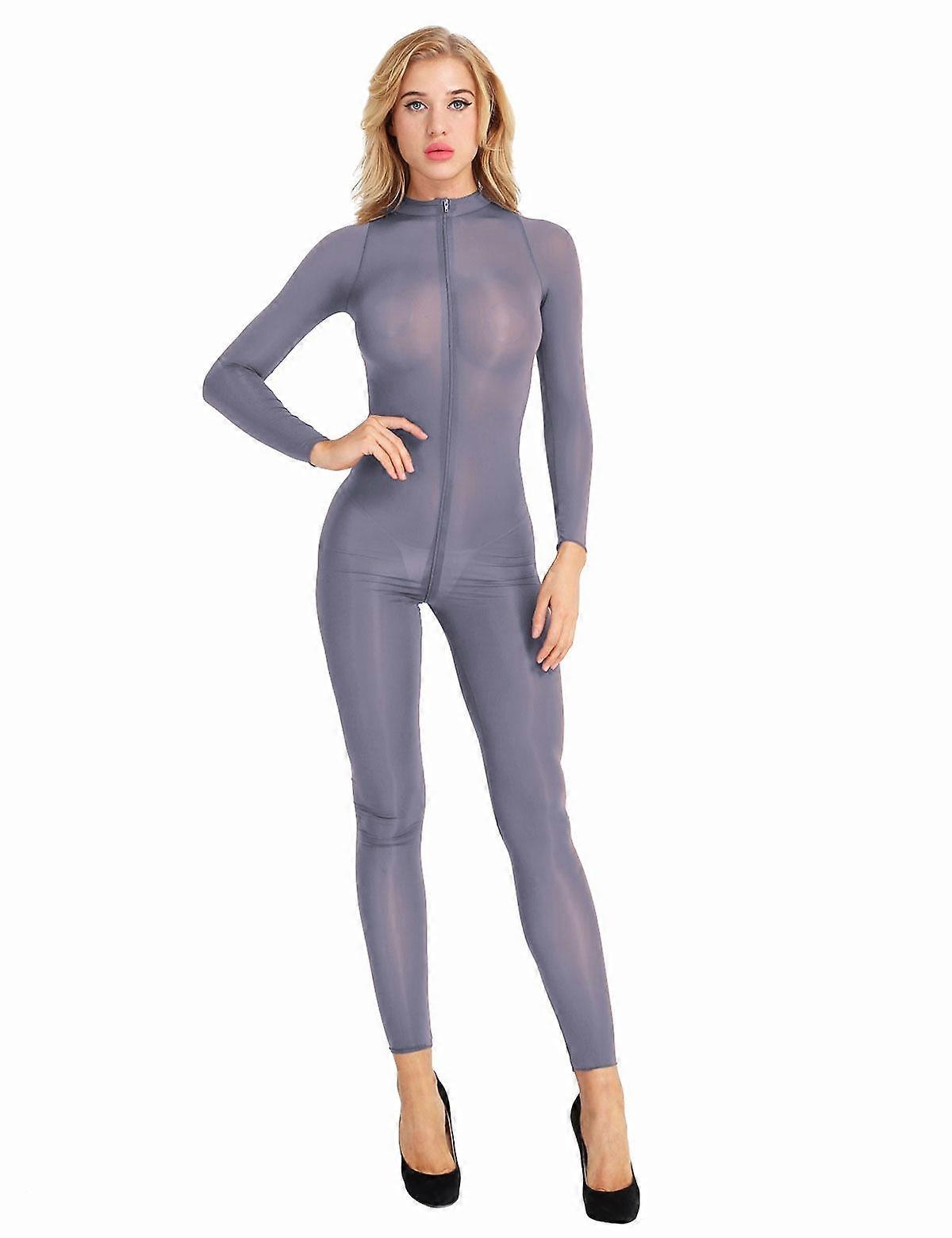 Women's Sheer Mesh Bodysuit One Piece Long Sleeves Double Zipper Jumpsuit Unitard Catsuit