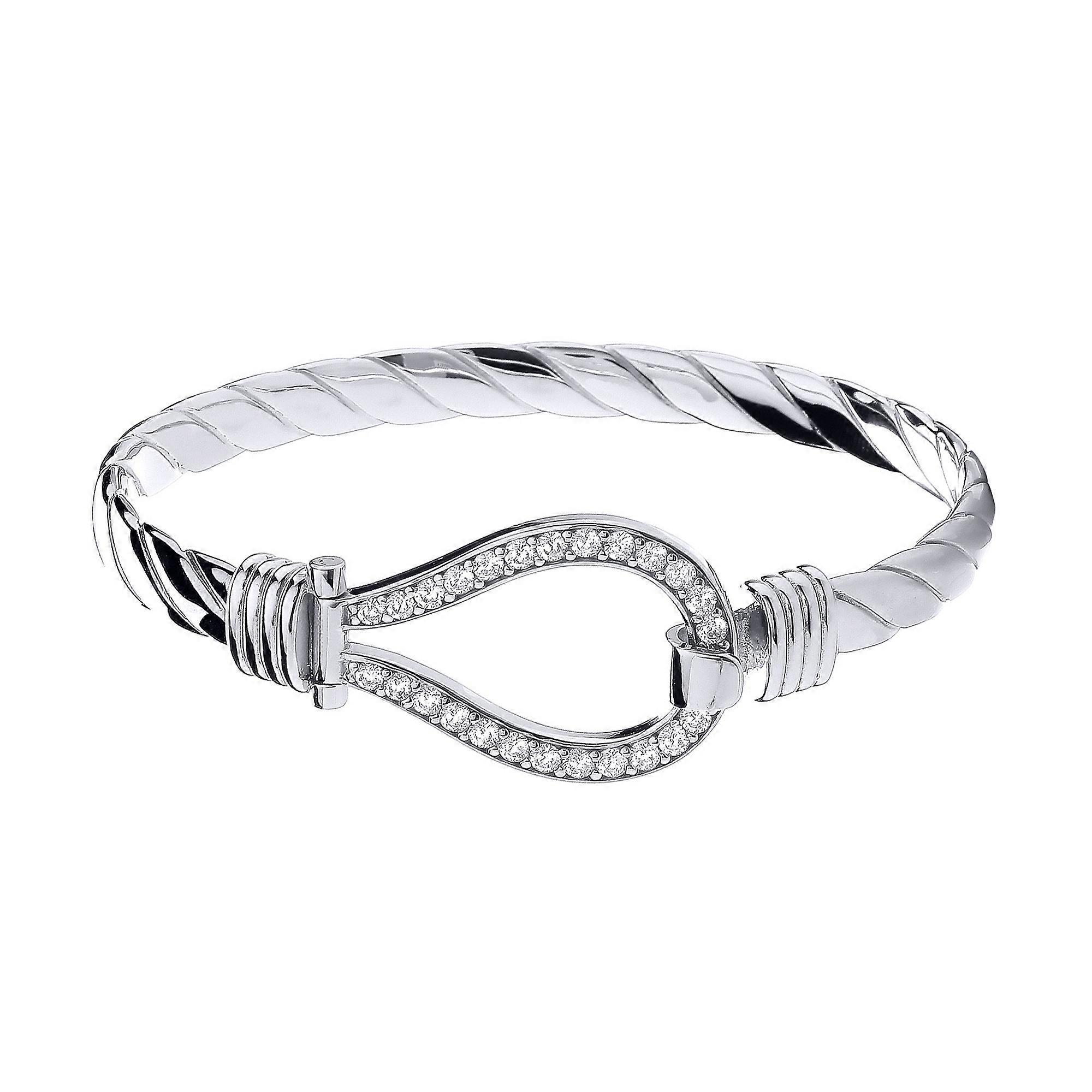 Jewelco London Gents 镀铑纯银白色圆形明亮式立方氧化锆绳马镫钩绞索环 7.5 毫米手镯，8.5 英寸 22 厘米