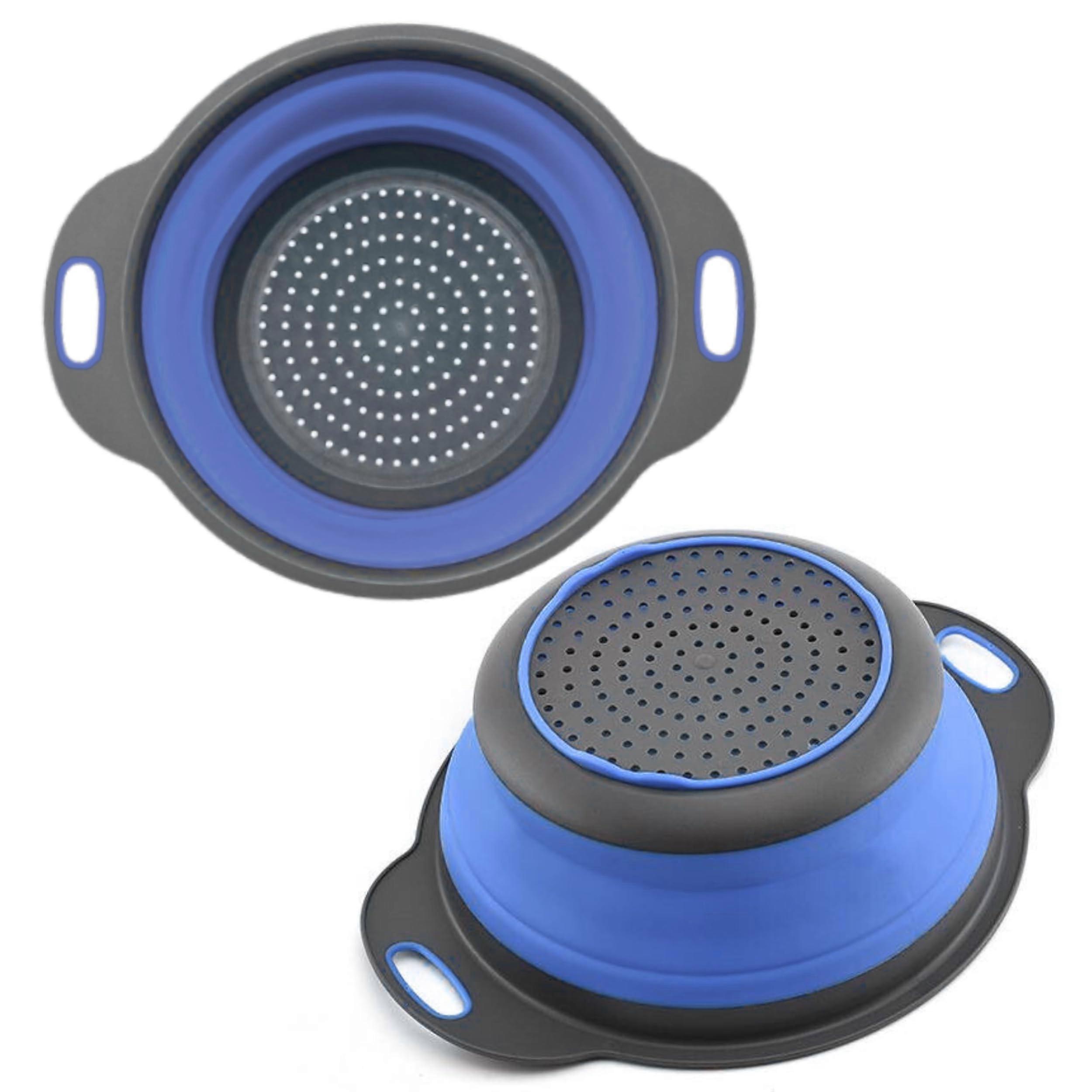 Collapsible round silicone colander with plastic handles