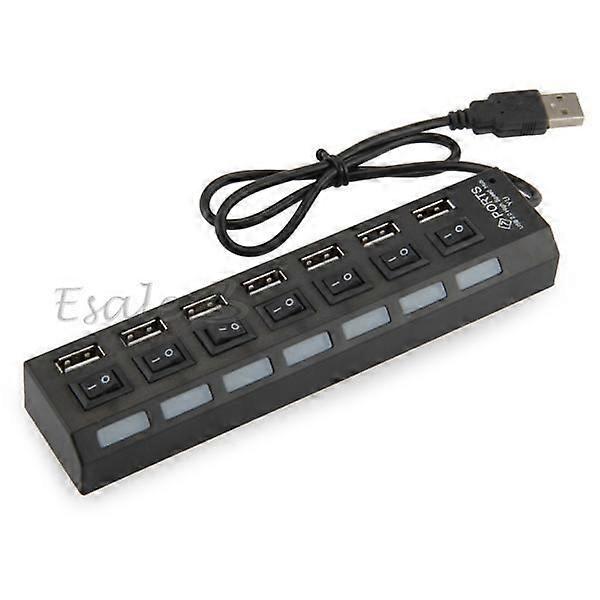 USB HUB - Black - 7 Ports - ON/OFF Switch - LED Lights - High Speed