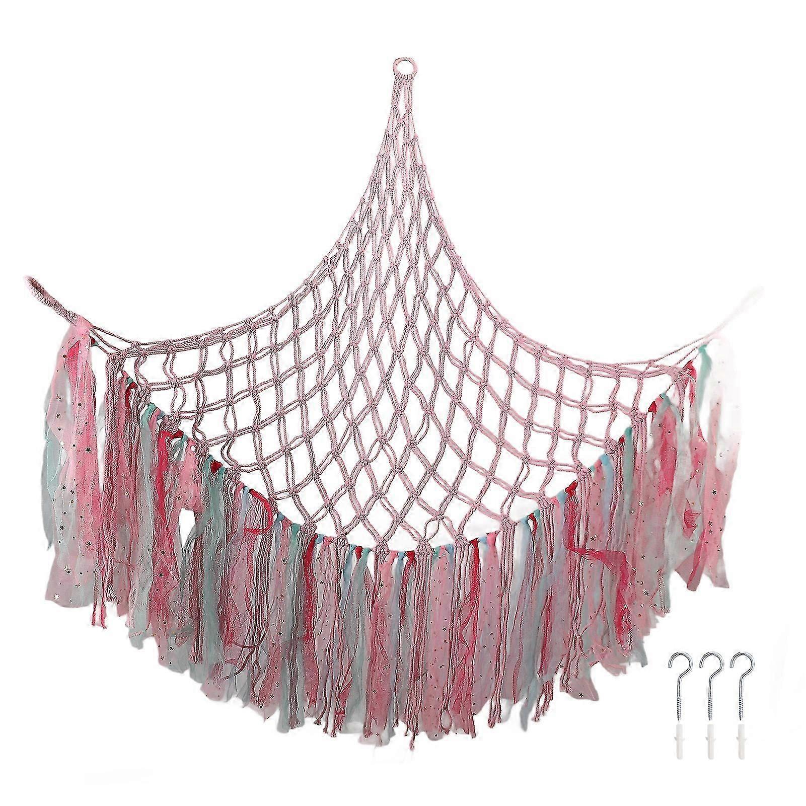 färgglada plyschleksaker nät, boho handvävt nät organisatör hörn hängande förvaringsnät, för sovrum vardagsrum sovsal