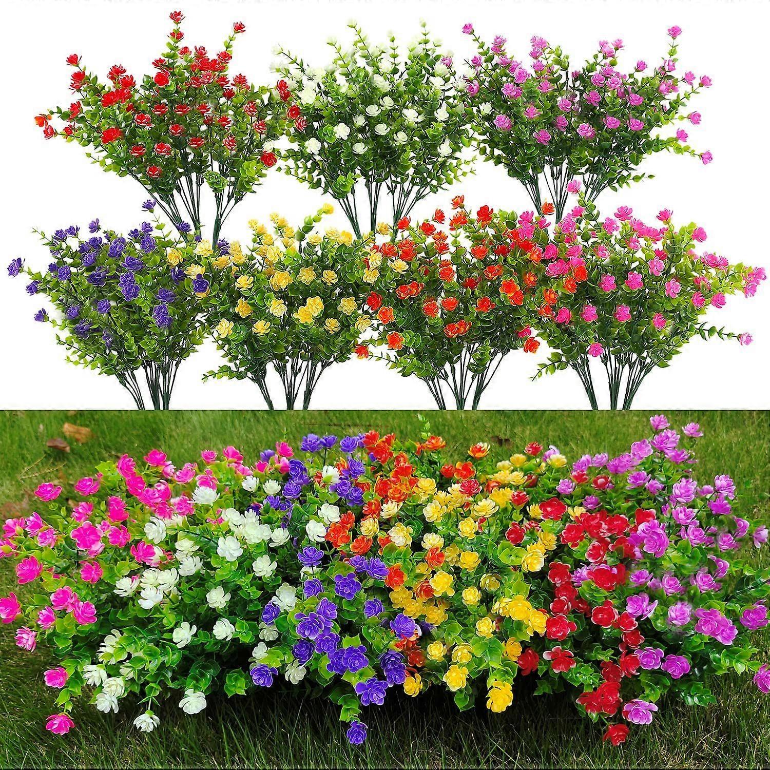 21 buntar konstgjorda utomhusväxter UV-resistenta konstgjorda buskar av plast, konstgjorda blommor, konstgjorda utomhusväxter för trädgårdsdekor (7 färger)
