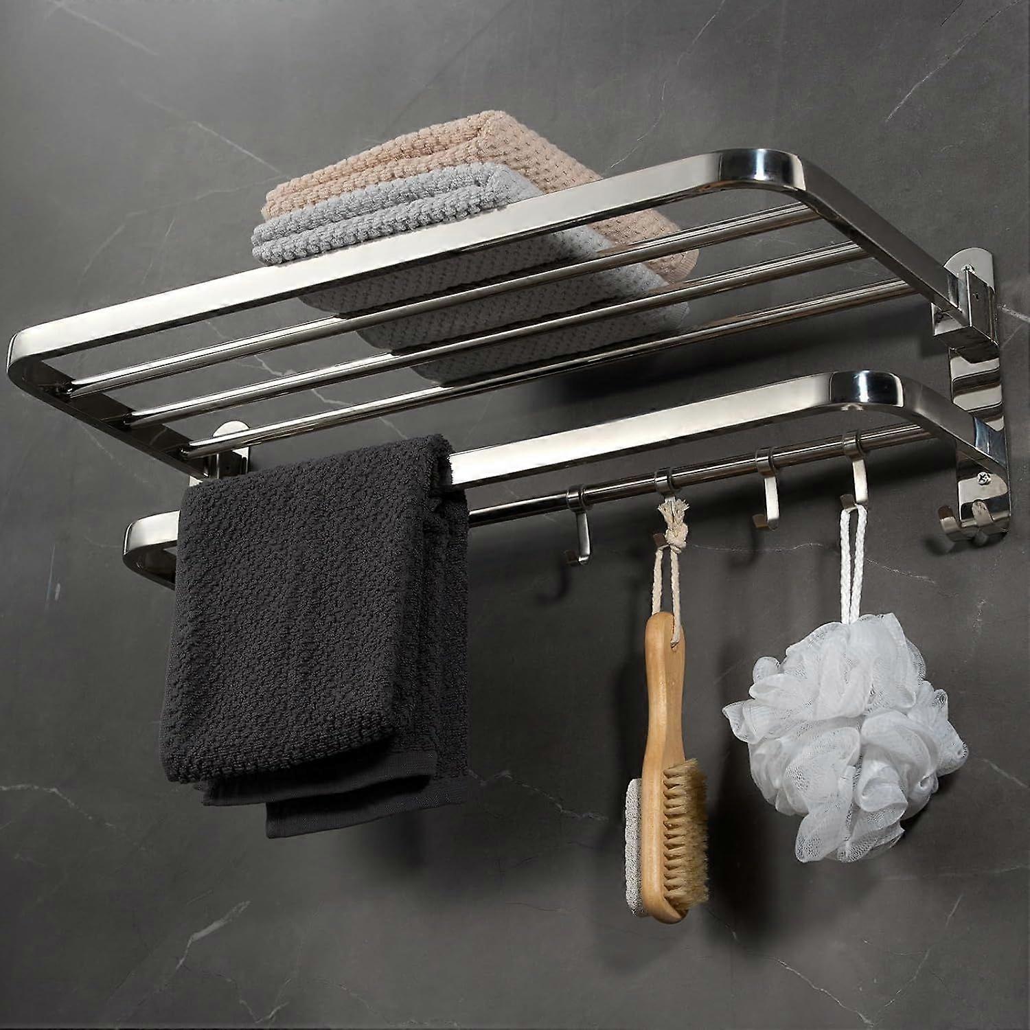 Towel Rack Bathroom Shelf Wall Mounted Foldable with 2 Storage Layers and 4 Hooks