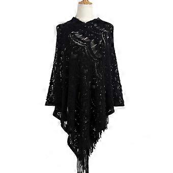 Women Hollow Out Crochet Batwing Sweater Cape Pullover Knitted Shawl Scarf Solid Color Tassels Asymmetric Poncho Wrap  Red