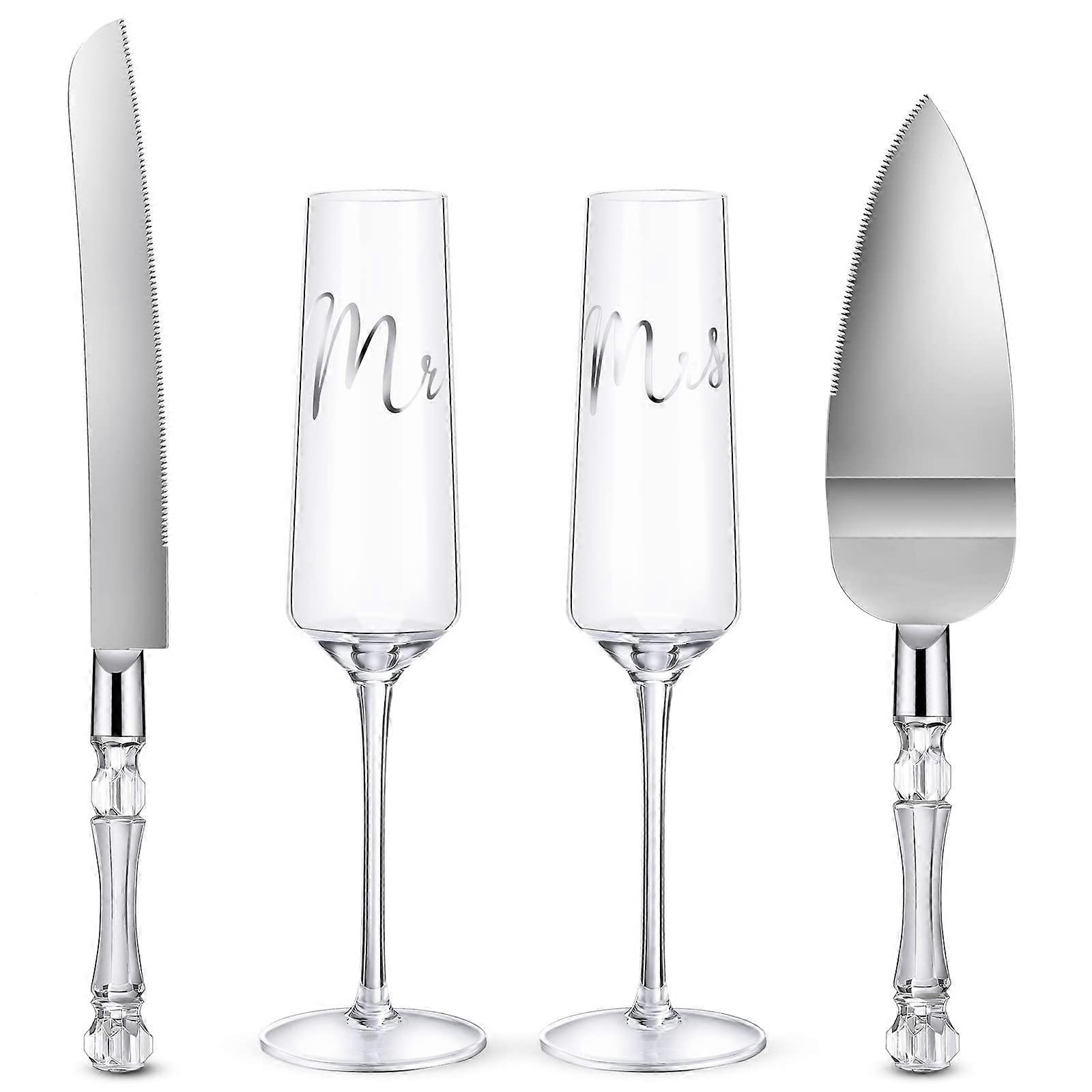 Clear Classic Wedding Toasting Flutes Set with Cake Server for Elegant Wedding Reception Supplies and Table Decor