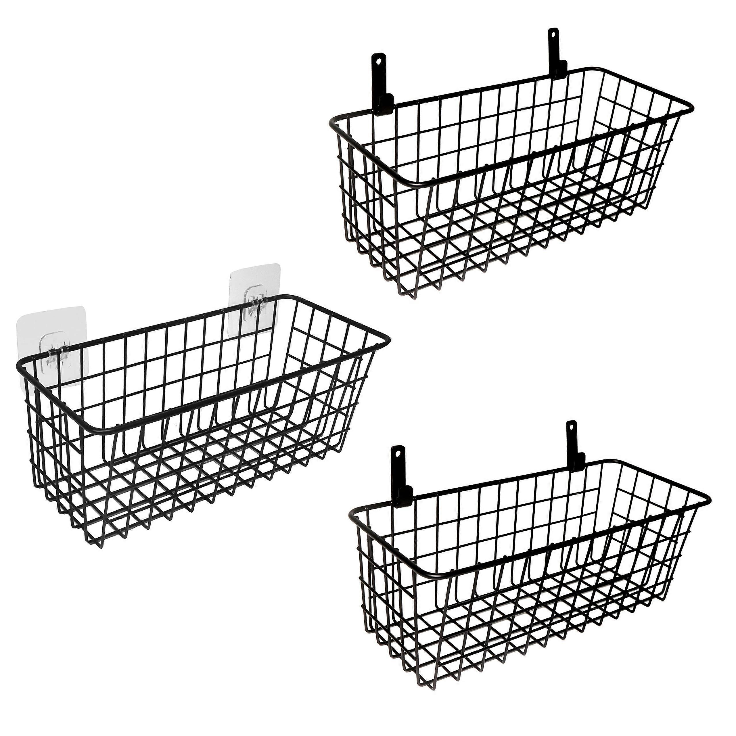 3 Set Black Wire Hanging Baskets for Kitchen Pantry Wall Organization and Small Storage