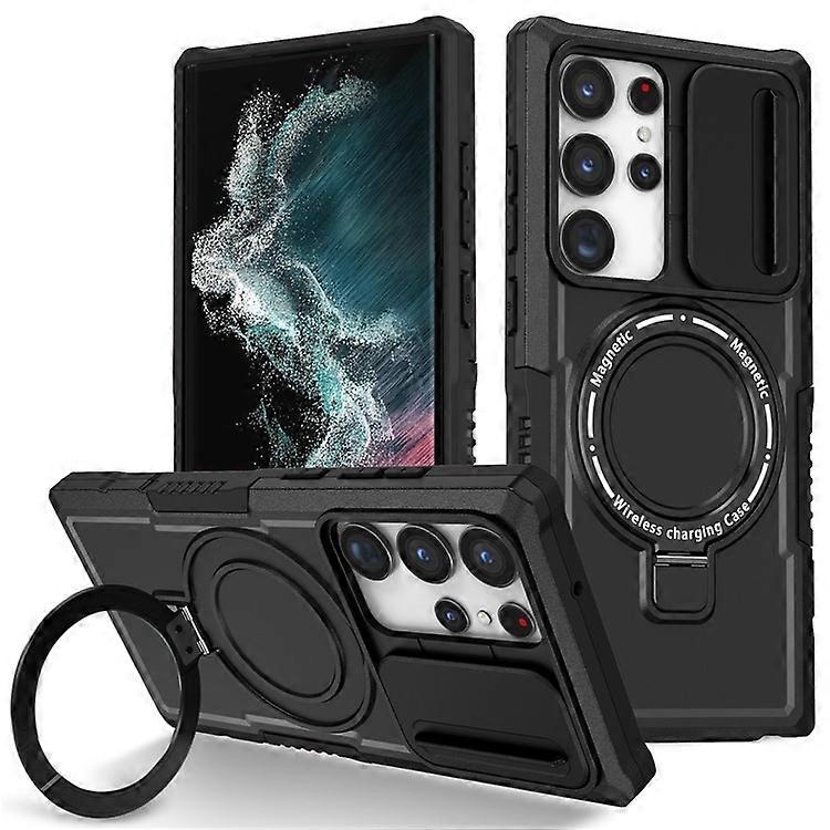 Compatible For Samsung Galaxy S22 Ultra 5G Magnetic Phone Case PC+TPU Slide Lens Window Kickstand Shell